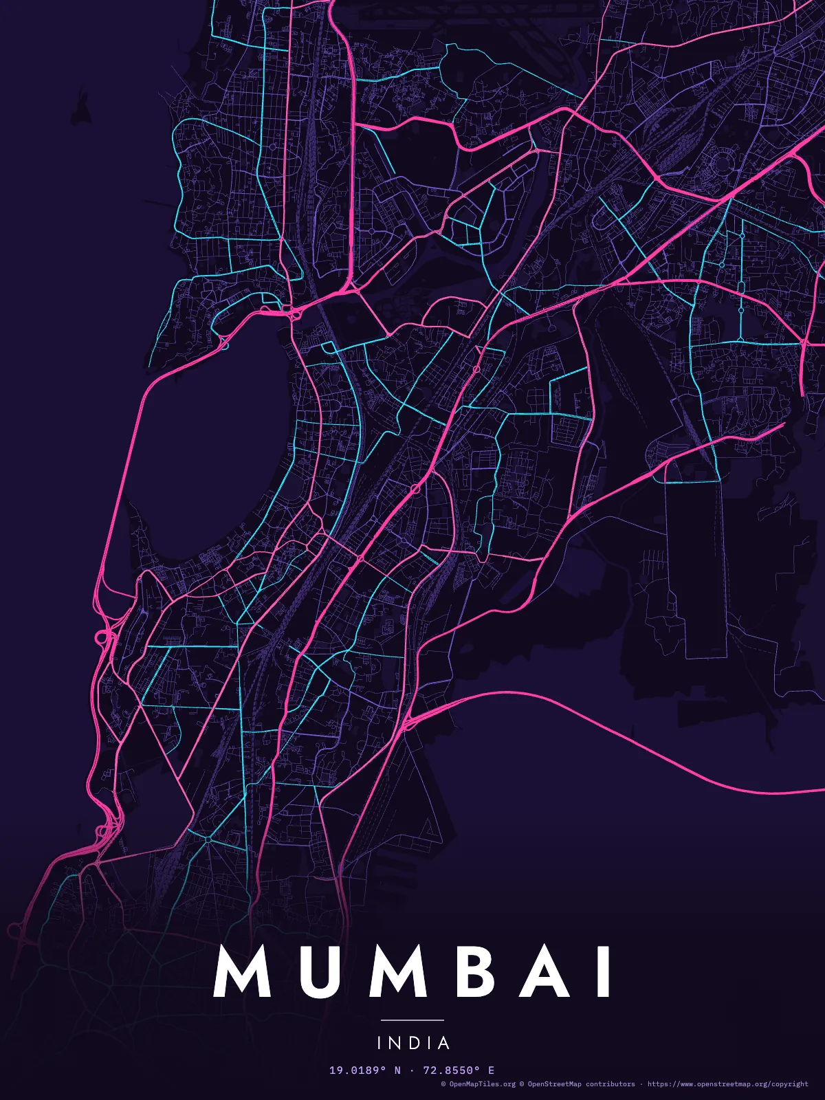 Poster of Mumbai with magenta highways and cyan streets on deep violet