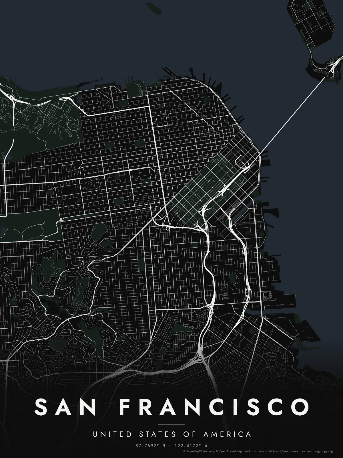 Street map poster of San Francisco, white streets on black