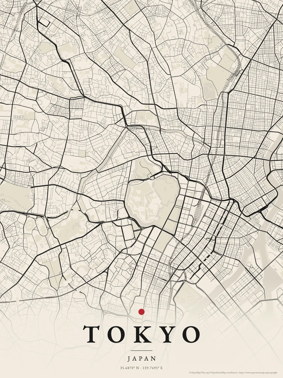 Poster of central Tokyo in black ink on washi paper with a red seal