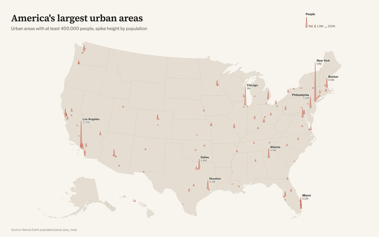 Spike map of US urban areas by population