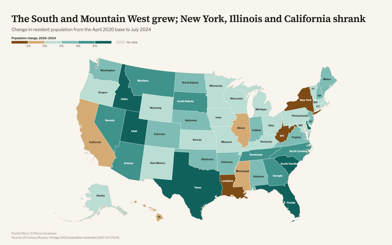Choropleth of US population change by state, 2020 to 2024
