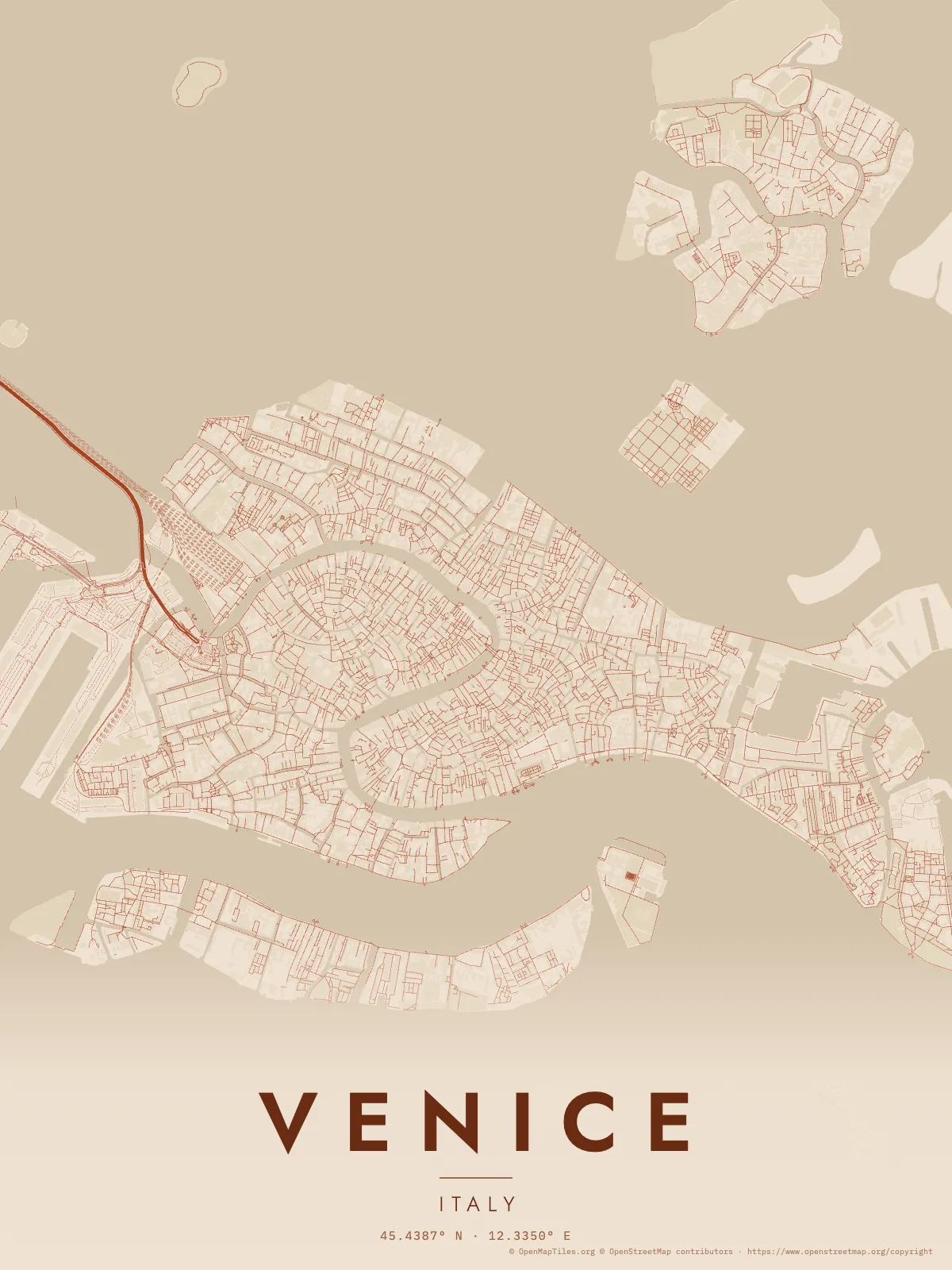 Poster of Venice in terracotta, showing canals and footpaths