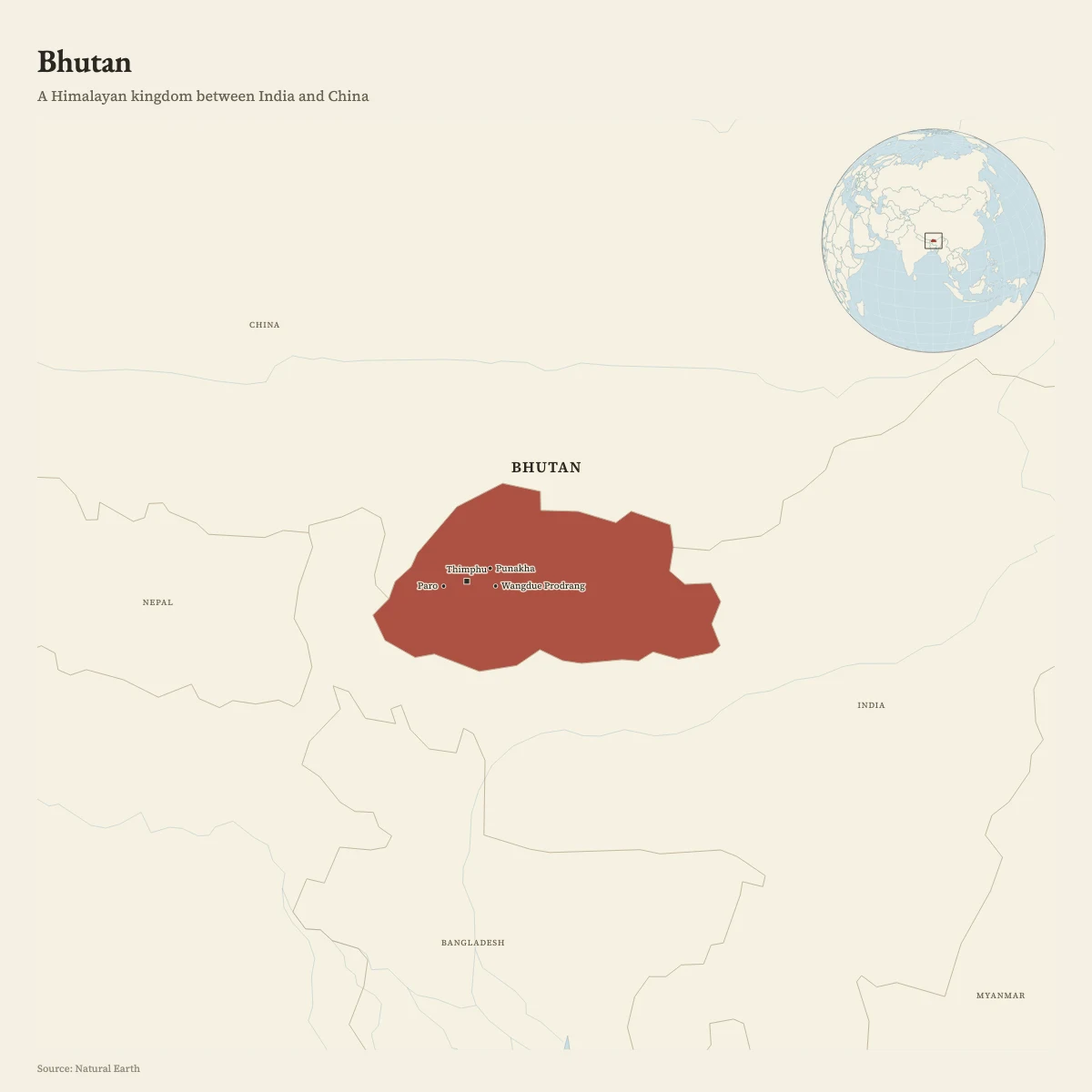 Locator map of Bhutan with its largest towns and an inset globe