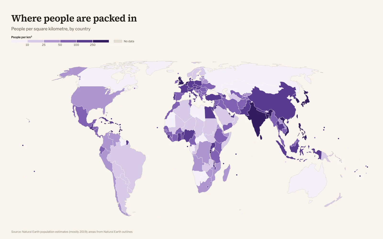 World choropleth of population density by country