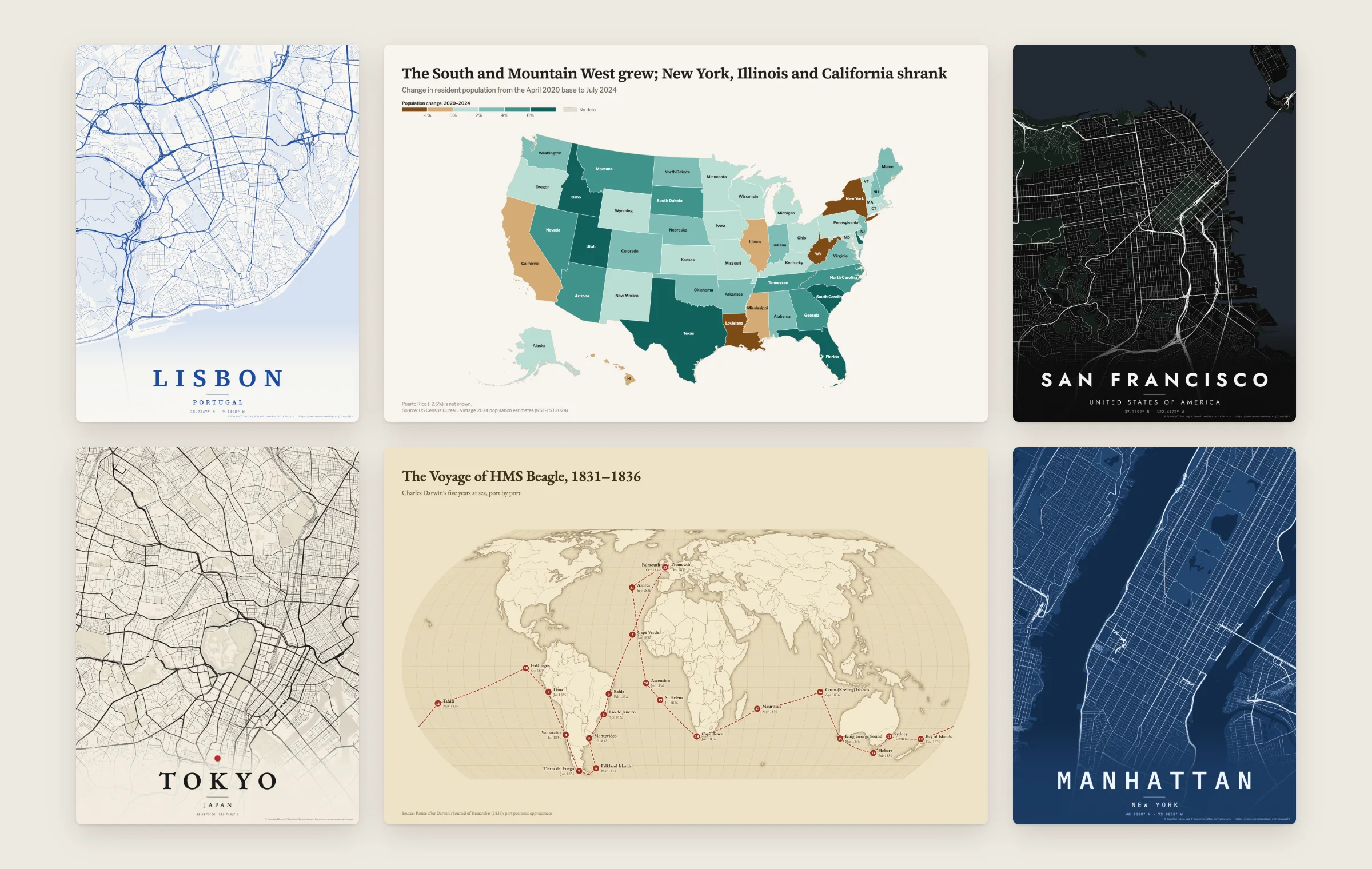 Six maps made with the skill: posters of Lisbon in cobalt on white, San Francisco in white on black, Tokyo in ink on paper and Manhattan in blueprint blue, a map of US population change by state from 2020 to 2024, and an antique-style map of the voyage of HMS Beagle.