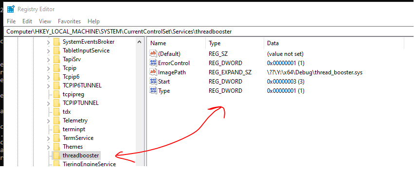 registry showing driver loaded