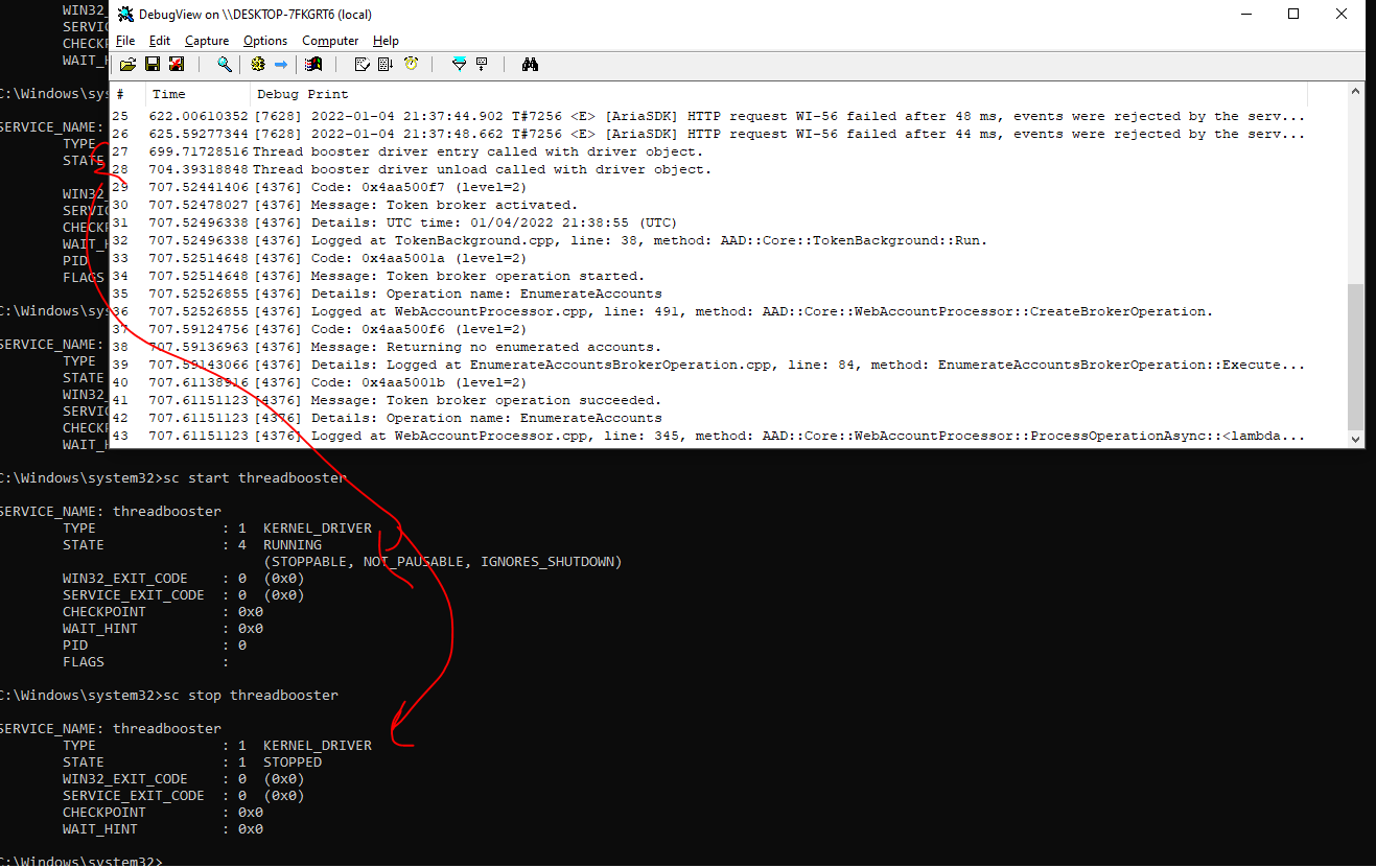 KdPrint output in debug view tool.