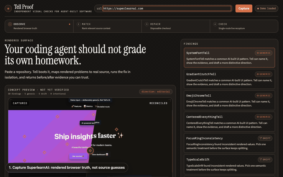 Tell Proof capturing SuperlearnAI, explaining visual tells, art-directing a redesign, and preparing a verified patch