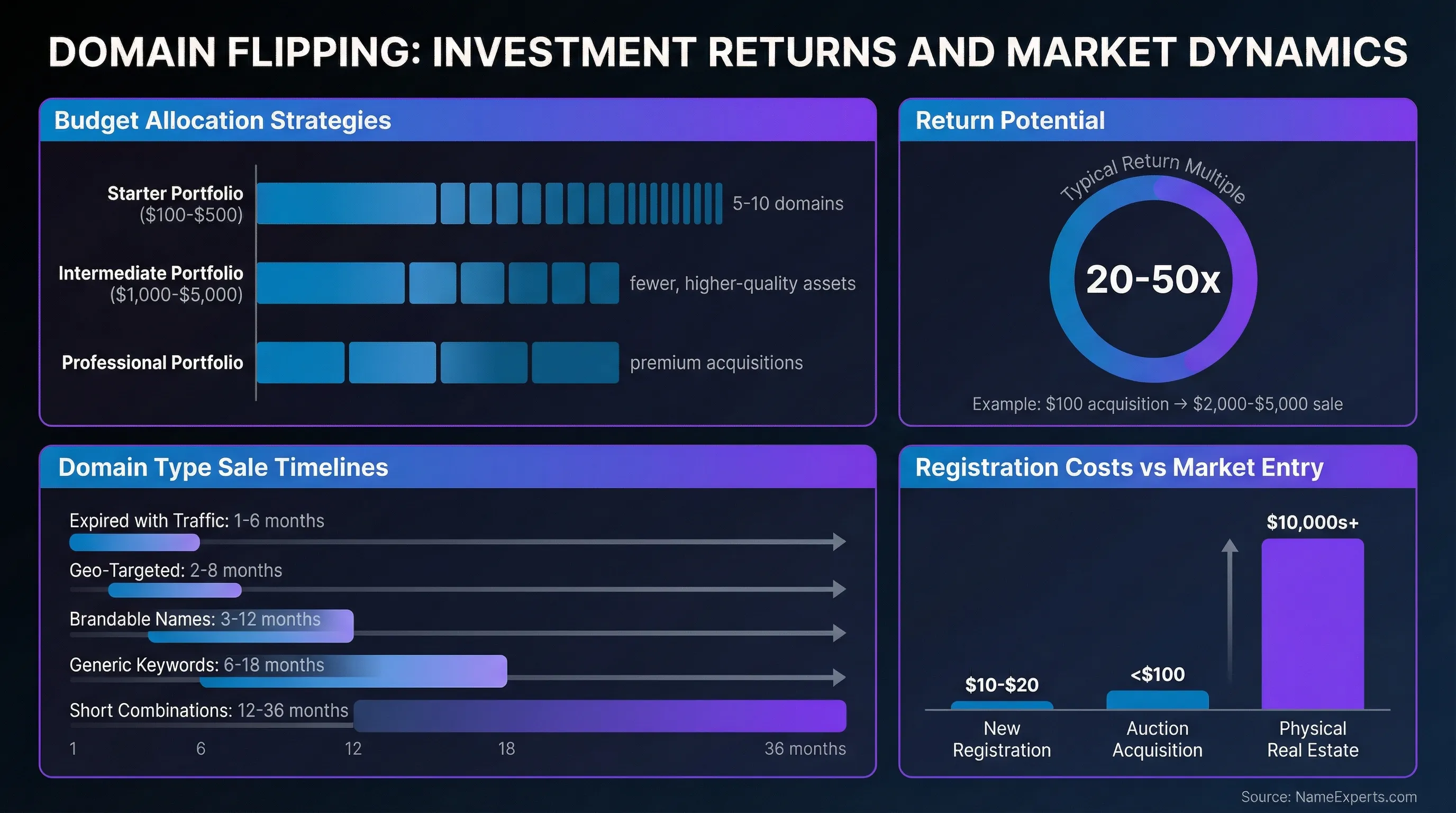 Data infographic displaying domain flipping budget tiers, 20-50x return potential, sale timelines for five domain types, and cost comparison between domain registration and physical real estate investment