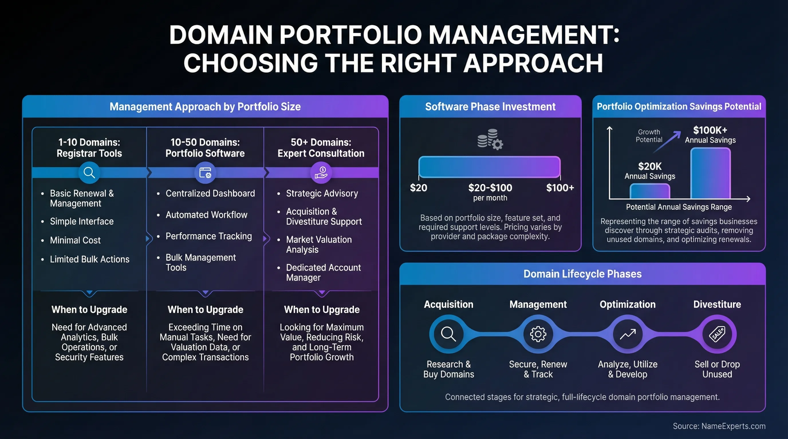 Data infographic displaying domain portfolio management approaches for different portfolio sizes (1-10, 10-50, 50+ domains), monthly software costs ($20-$100), potential annual savings ($20K-$100K+), and four lifecycle phases