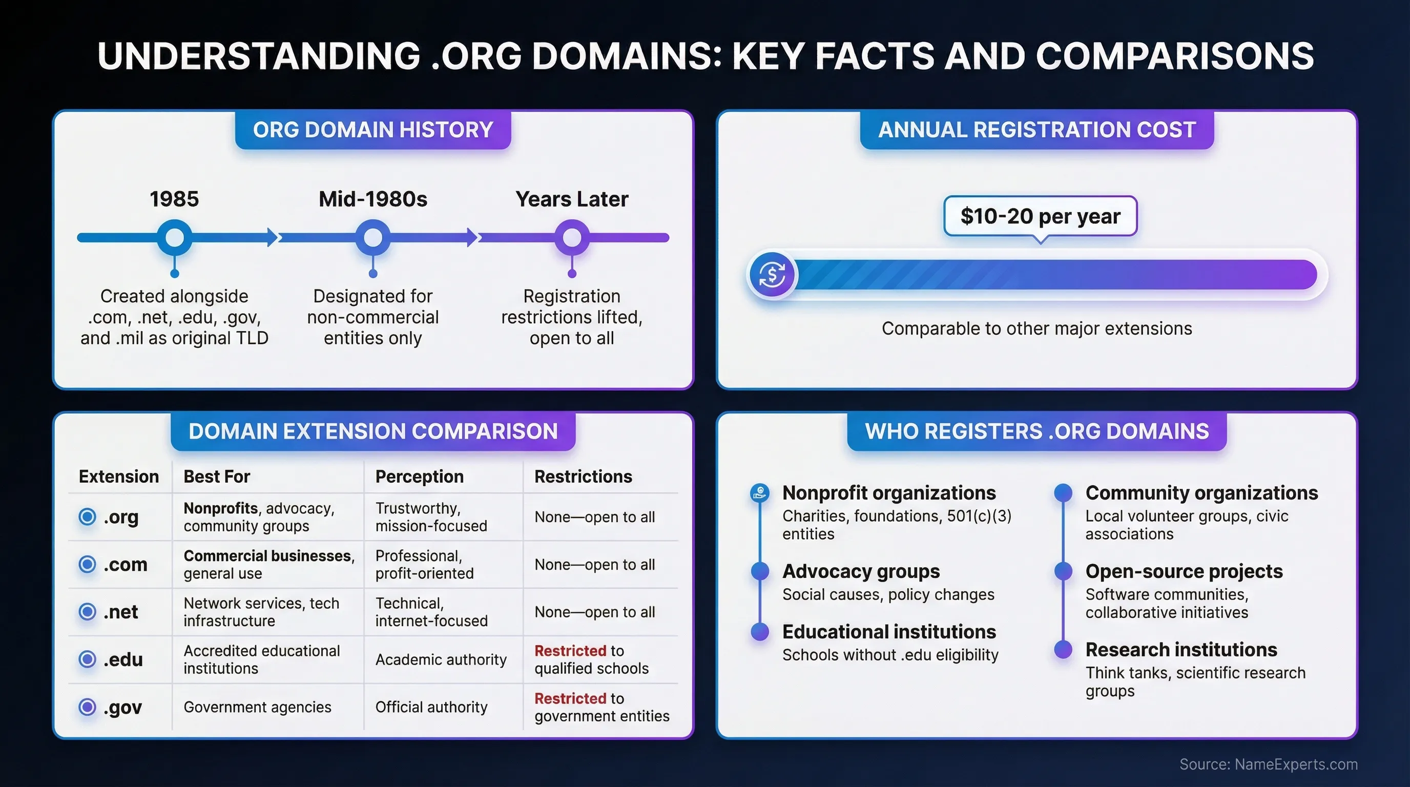 Data infographic displaying .org domain timeline from 1985 to present, annual registration costs of $10-20, comparison table of five domain extensions (.org, .com, .net, .edu, .gov), and six categories of typical .org registrants including nonprofits and advocacy groups