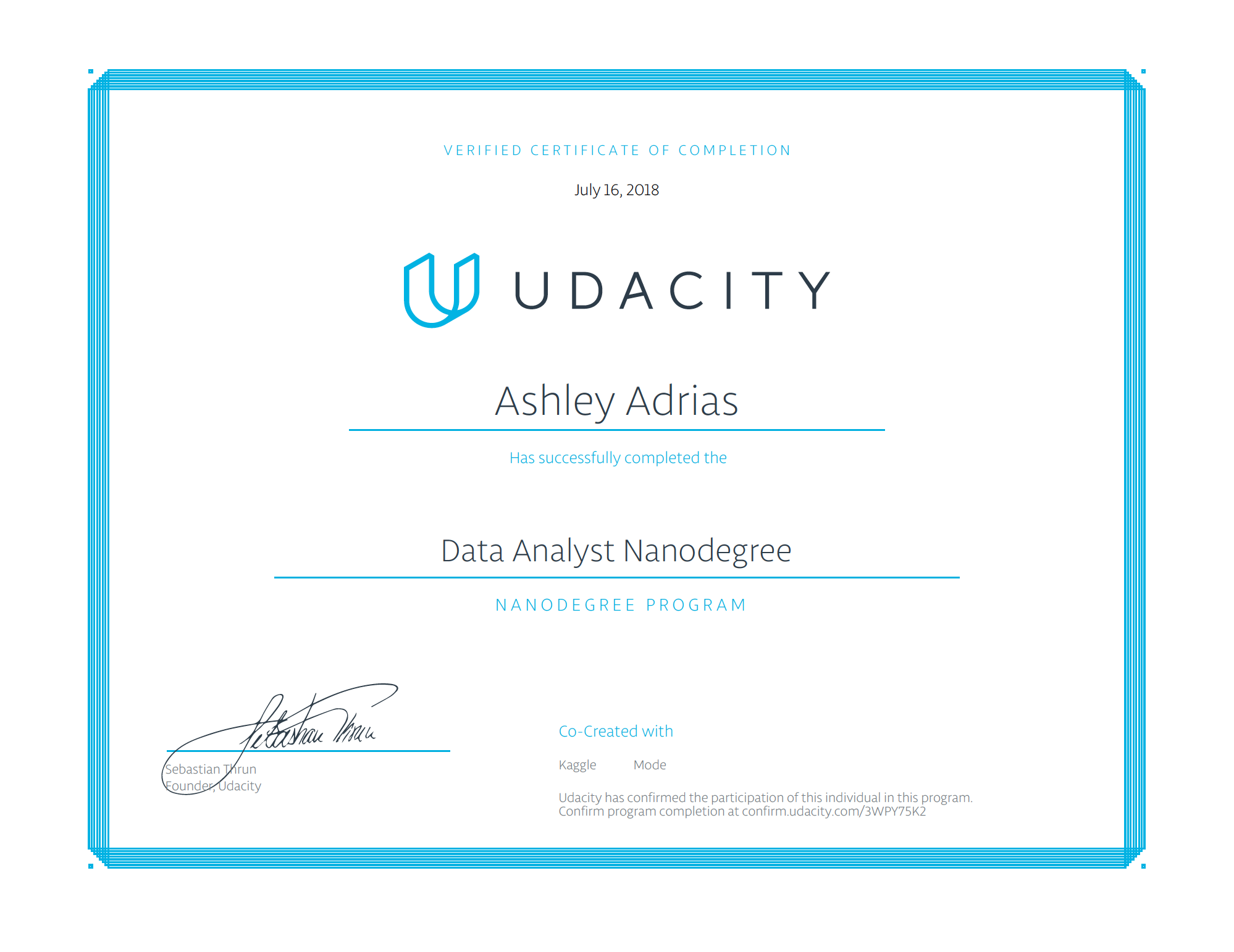 Udacity Data Analyst Nanodegree certificate