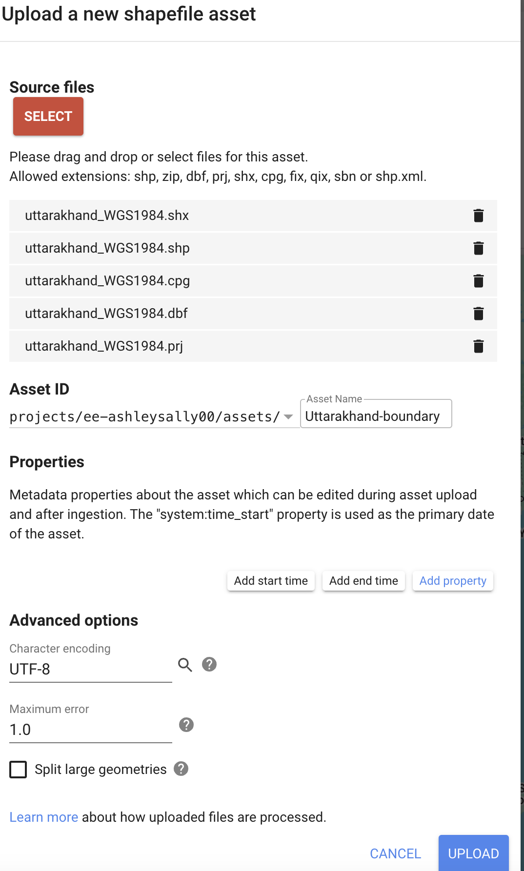 Shapefile upload interface in GEE