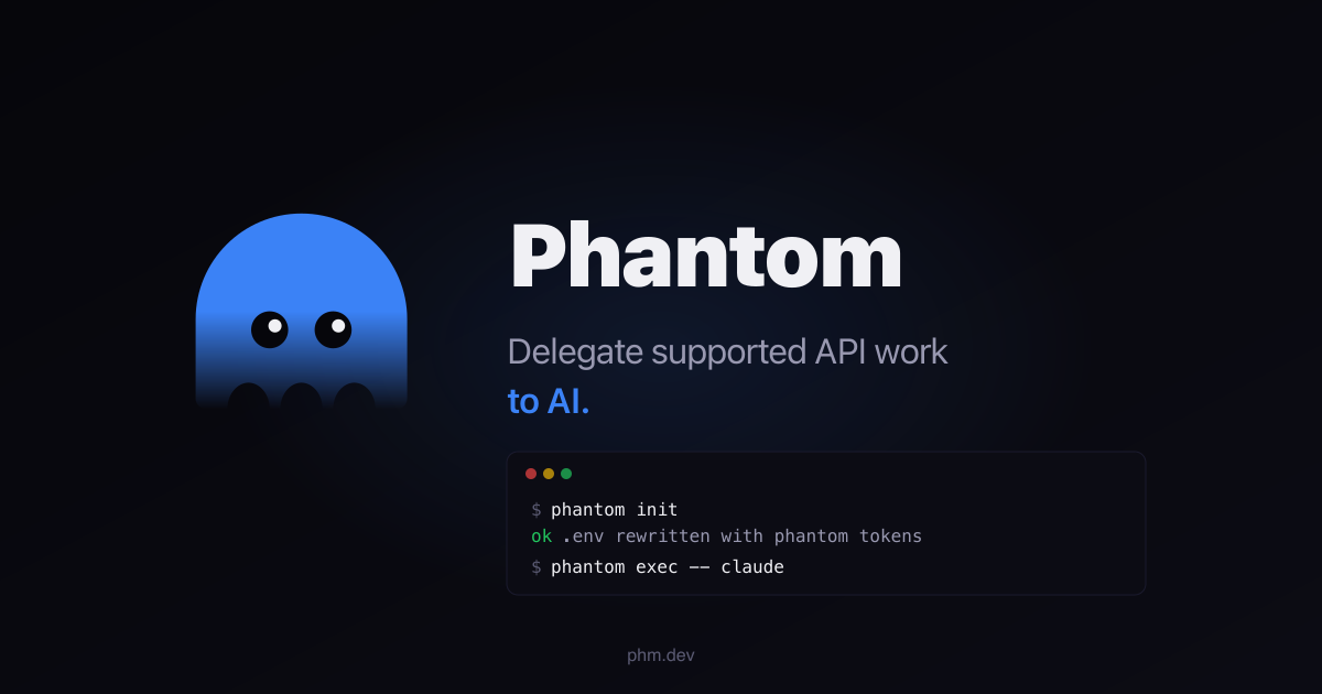 Phantom’s blue ghost mascot beside the message: Delegate supported API work to AI. A terminal preview shows phantom init and phantom exec.
