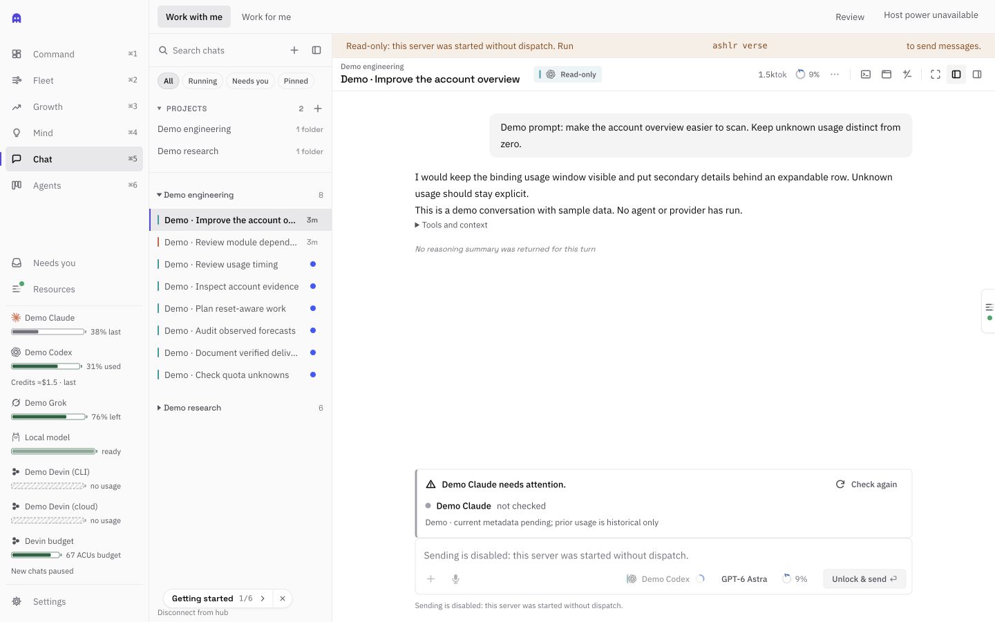 Phantom 3.24.3 browser workbench with labeled Demo accounts and a sample conversation.