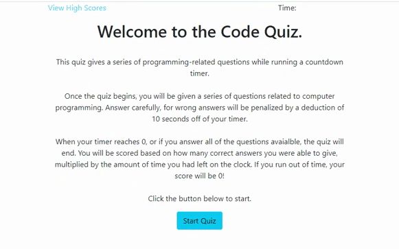 A demonstration gif showing the user press the 'start quiz' button. It launches the code quiz, which begins the timer countdown and presents users with the first quiz question.