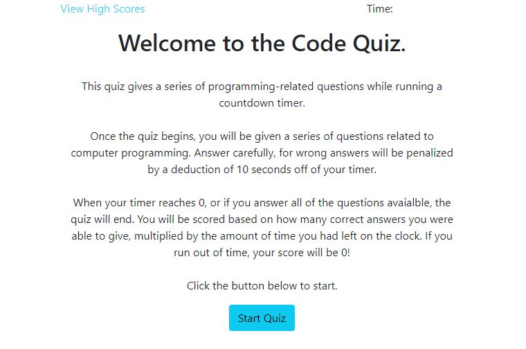 A screenshot image of the code quiz homepage. It lists a brief description of how the quiz works, followed by a blue button titled 'Start Quiz'.