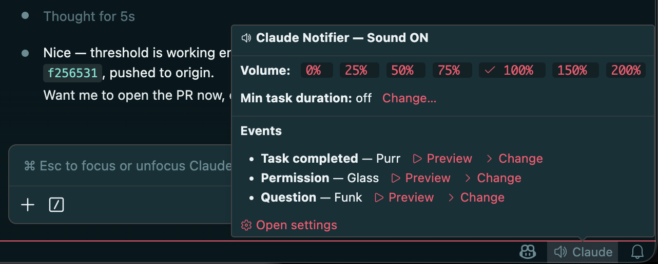 Hover the Claude entry in the status bar to open the control panel