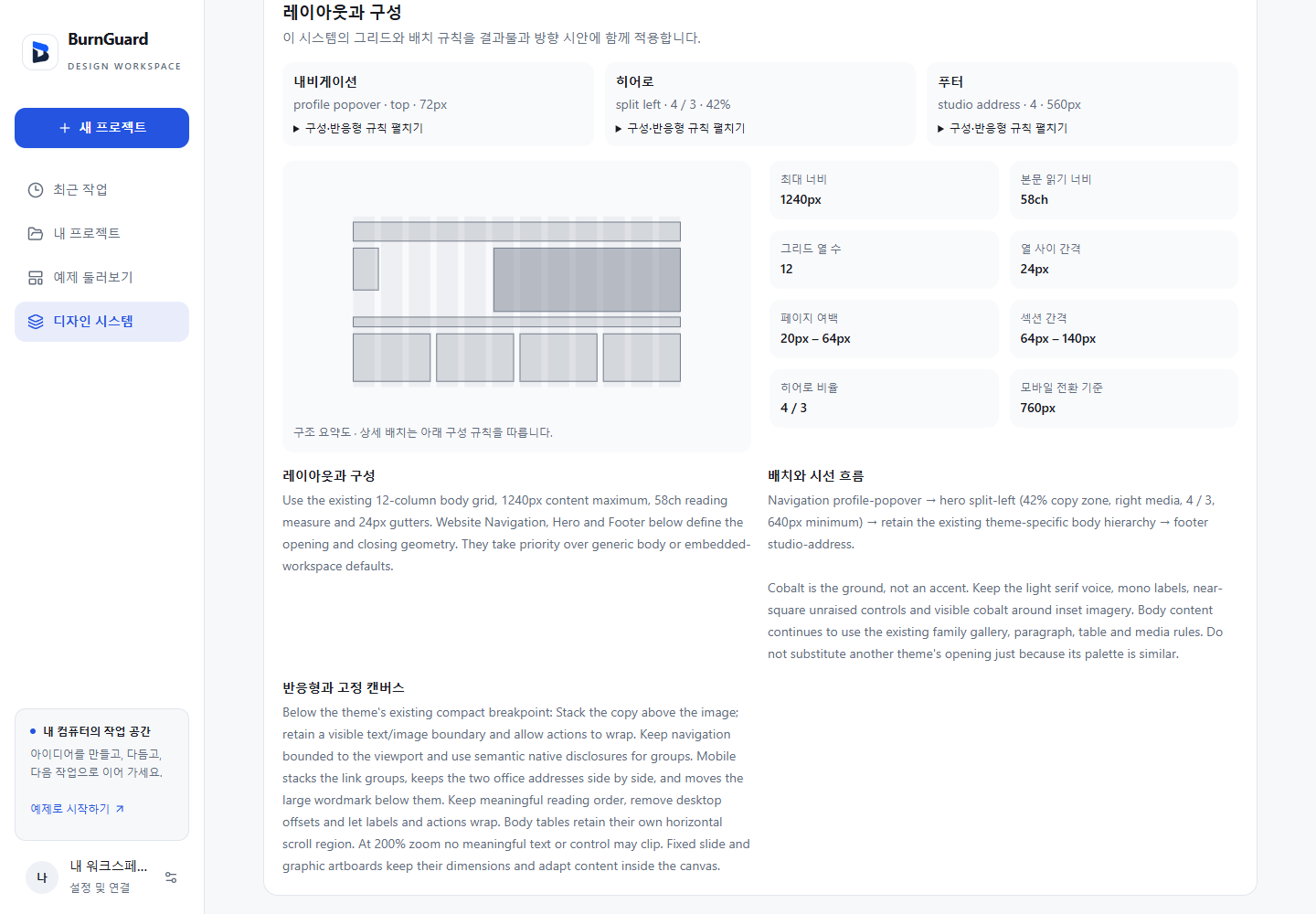 Design-system overview showing concise navigation, hero and footer rules, a grid diagram and layout dimensions