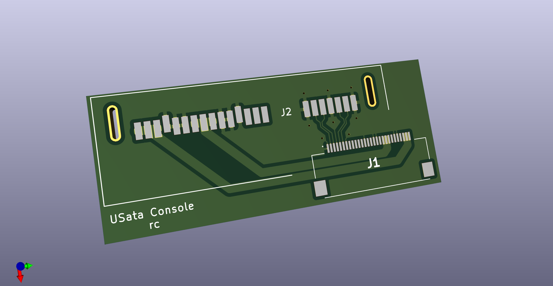 3D render of usata, a small green PCB with pads for a flat-flex and SATA connector.