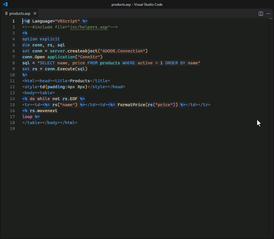 Format Document tidying a messy Classic ASP page, IntelliSense listing Recordset members, a hover and Ctrl+Click into a function in an #include file, F2 renaming a variable everywhere, and the same page in four colour themes