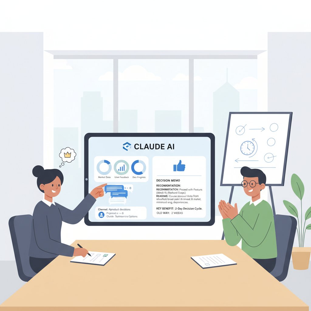 A team workspace scene showing Claude helping PMs turn dashboards, notes, and Slack updates into a decision summary.