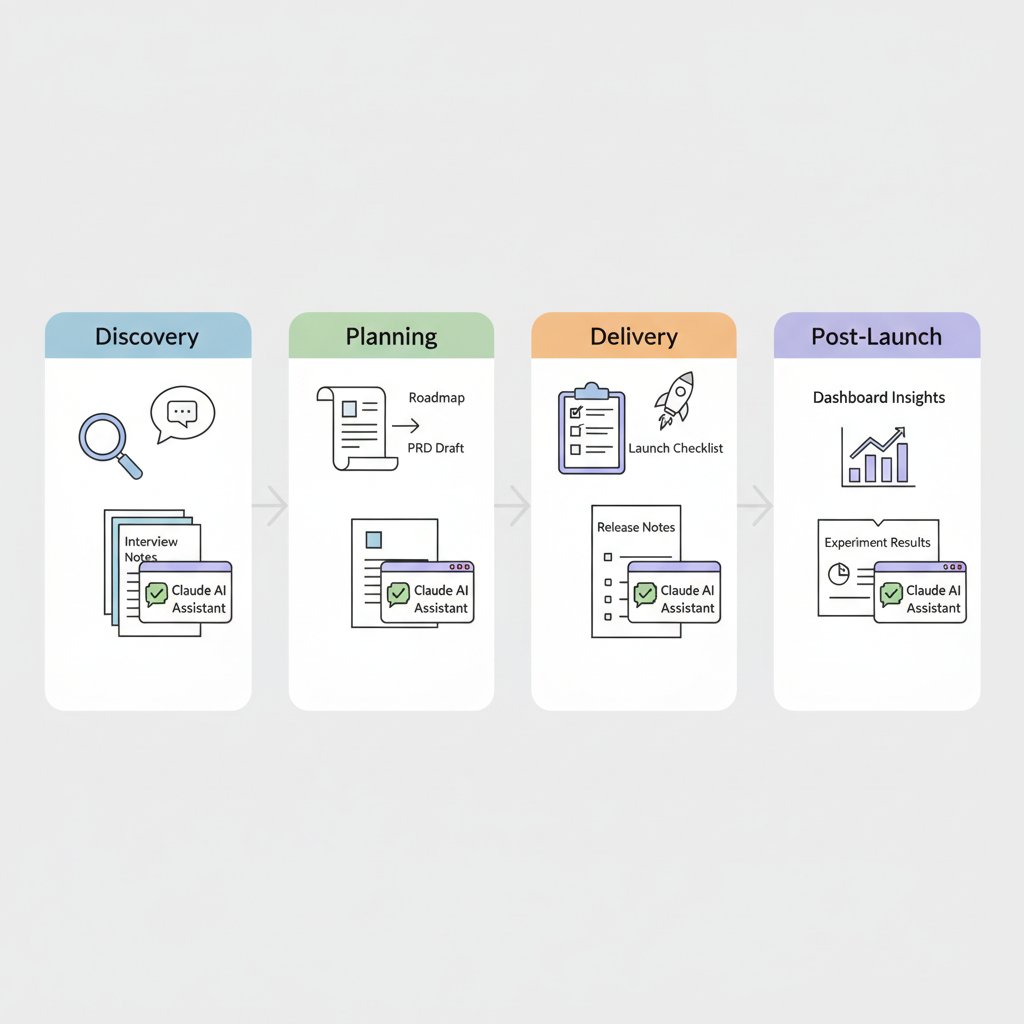 A PM lifecycle board showing Claude helping with discovery, planning, delivery, and post-launch work.
