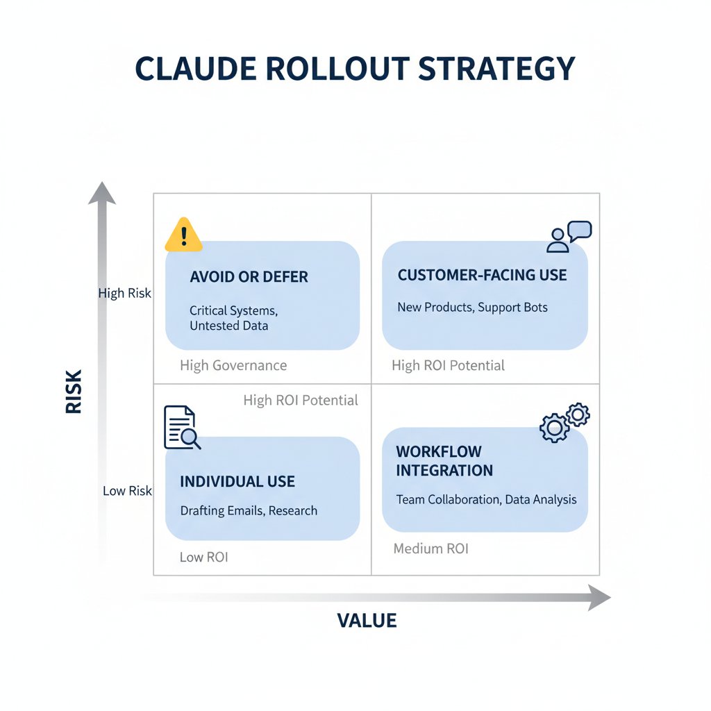 A simple ROI and rollout matrix comparing low-risk internal tasks against high-risk customer-facing use cases.