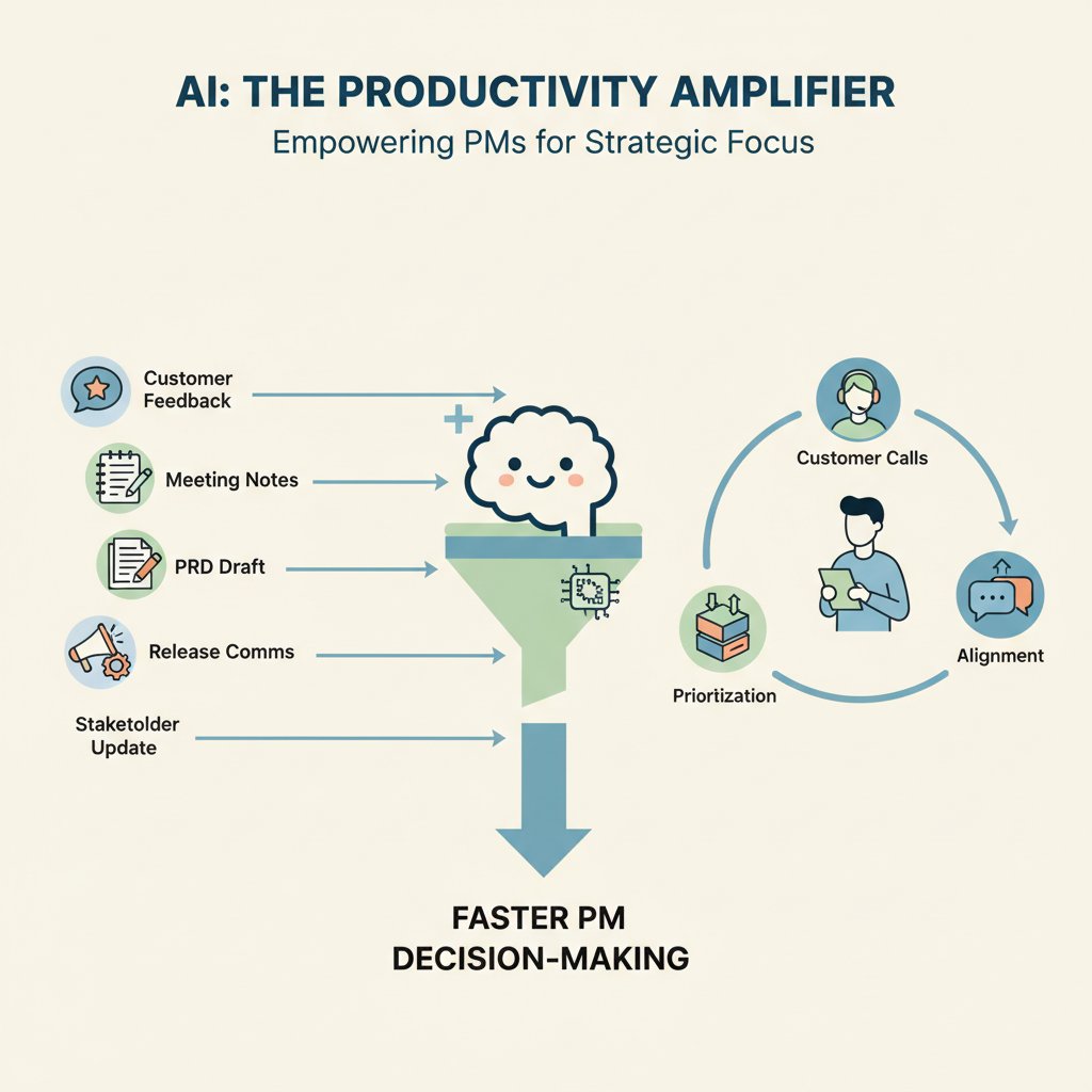 A PM workflow showing AI handling repetitive tasks while the PM focuses on strategy and decisions.