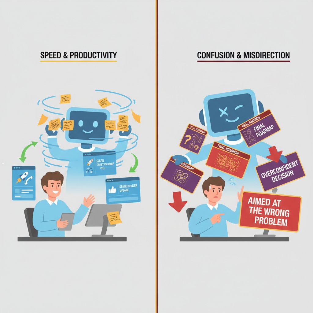 Split-screen showing AI as a PM superpower on one side and a trap on the other, using business metaphors.