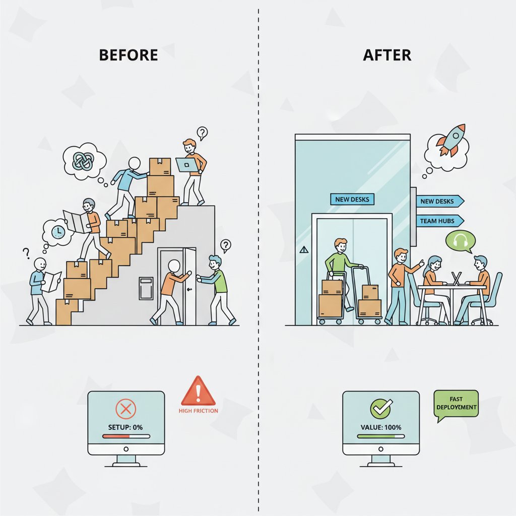 A simple before-and-after view showing high adoption friction versus a smoother enterprise rollout.