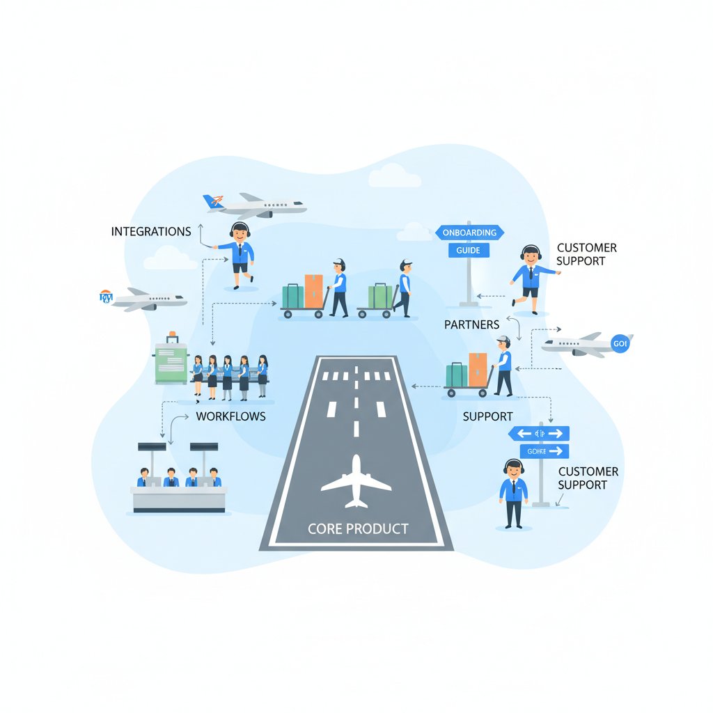 An airport-style ecosystem scene showing why a great core product needs partners, workflows, and support around it.