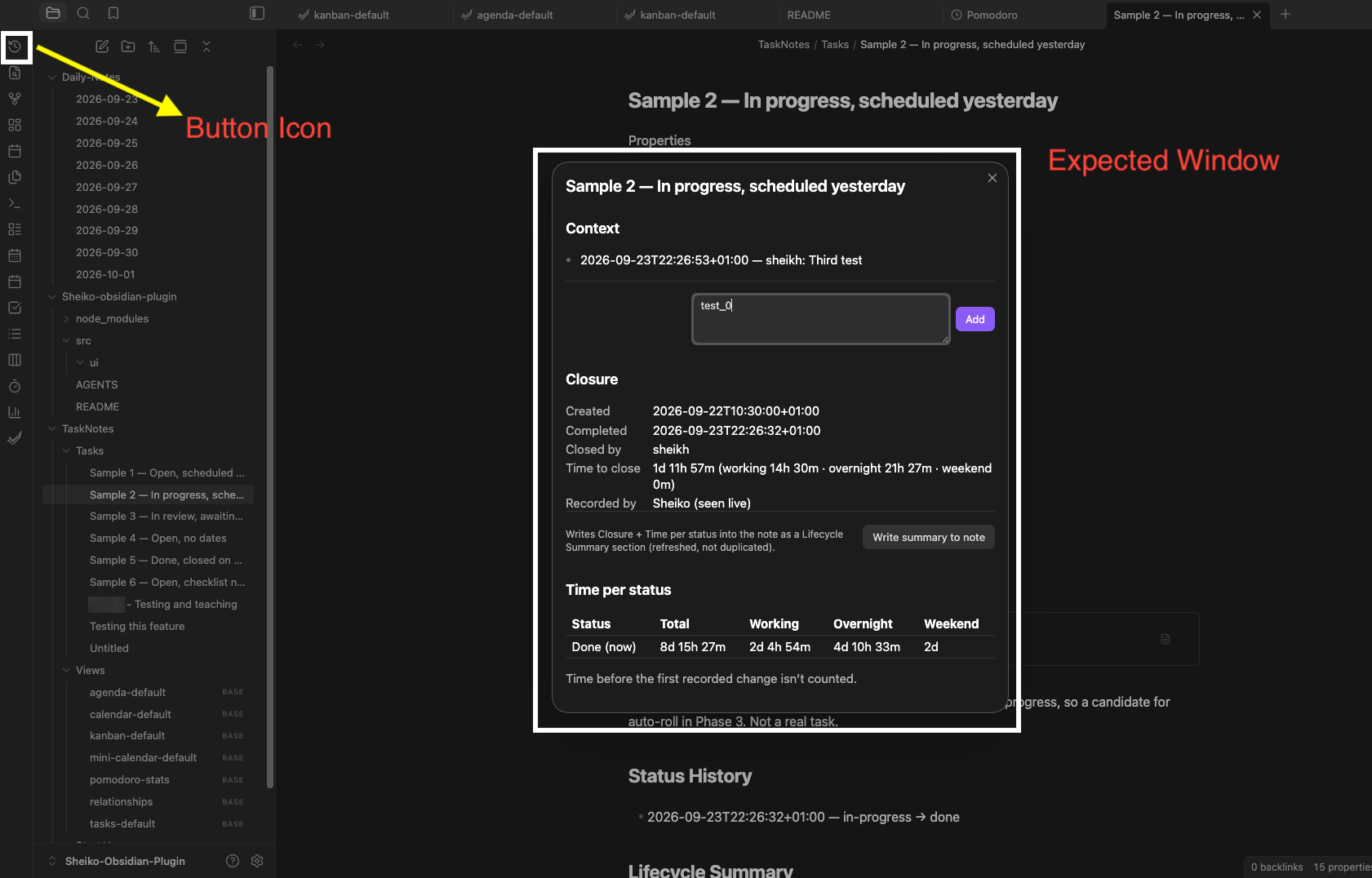 The lifecycle window on a closed task: Context, Closure, and time per status split into working, overnight and weekend