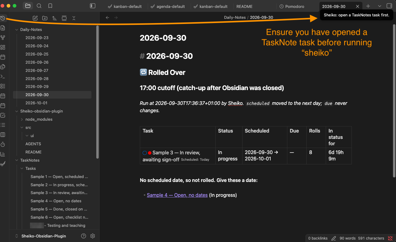 The notice 'Sheiko: open a TaskNotes task first.' after clicking the ribbon icon on a daily note