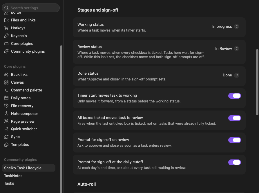 Settings: Stages and sign-off, with the working, review and done statuses and the four auto-stage and prompt toggles
