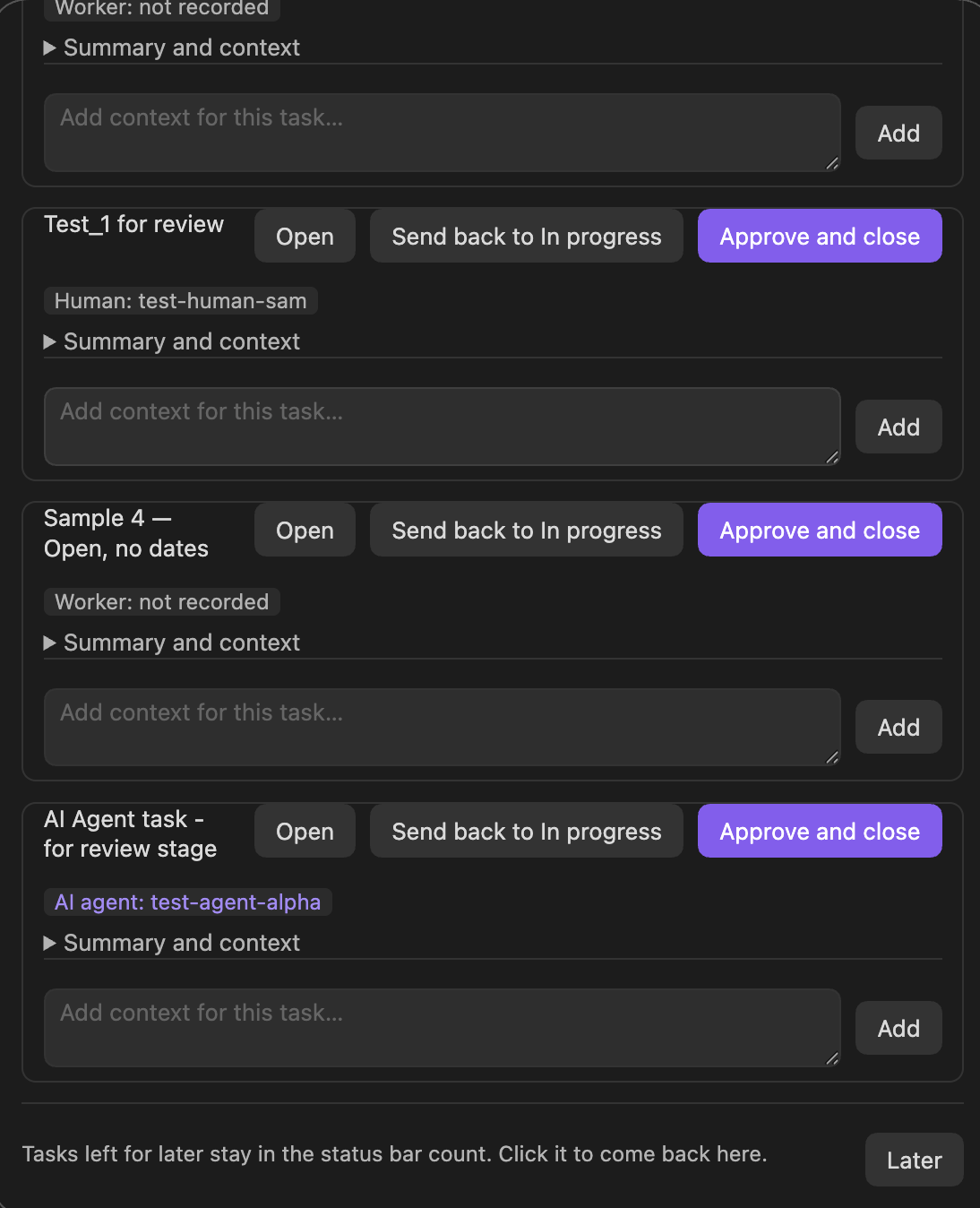 The Sign-off needed window: one card per task with Open, Send back and Approve and close, a worker badge (AI agent, Human, or Worker: not recorded), a folded Summary and context panel, and a context box