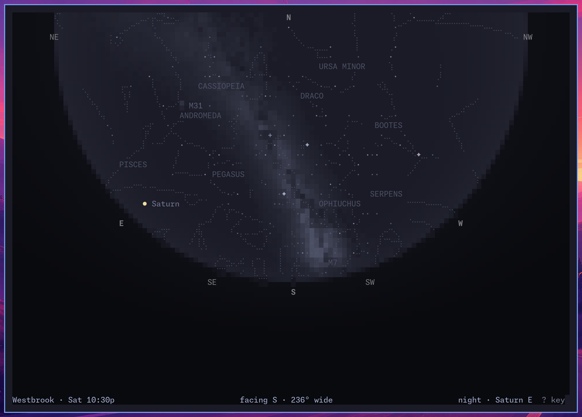 the whole August sky at once, the horizon closed into a circle, the Milky Way across it