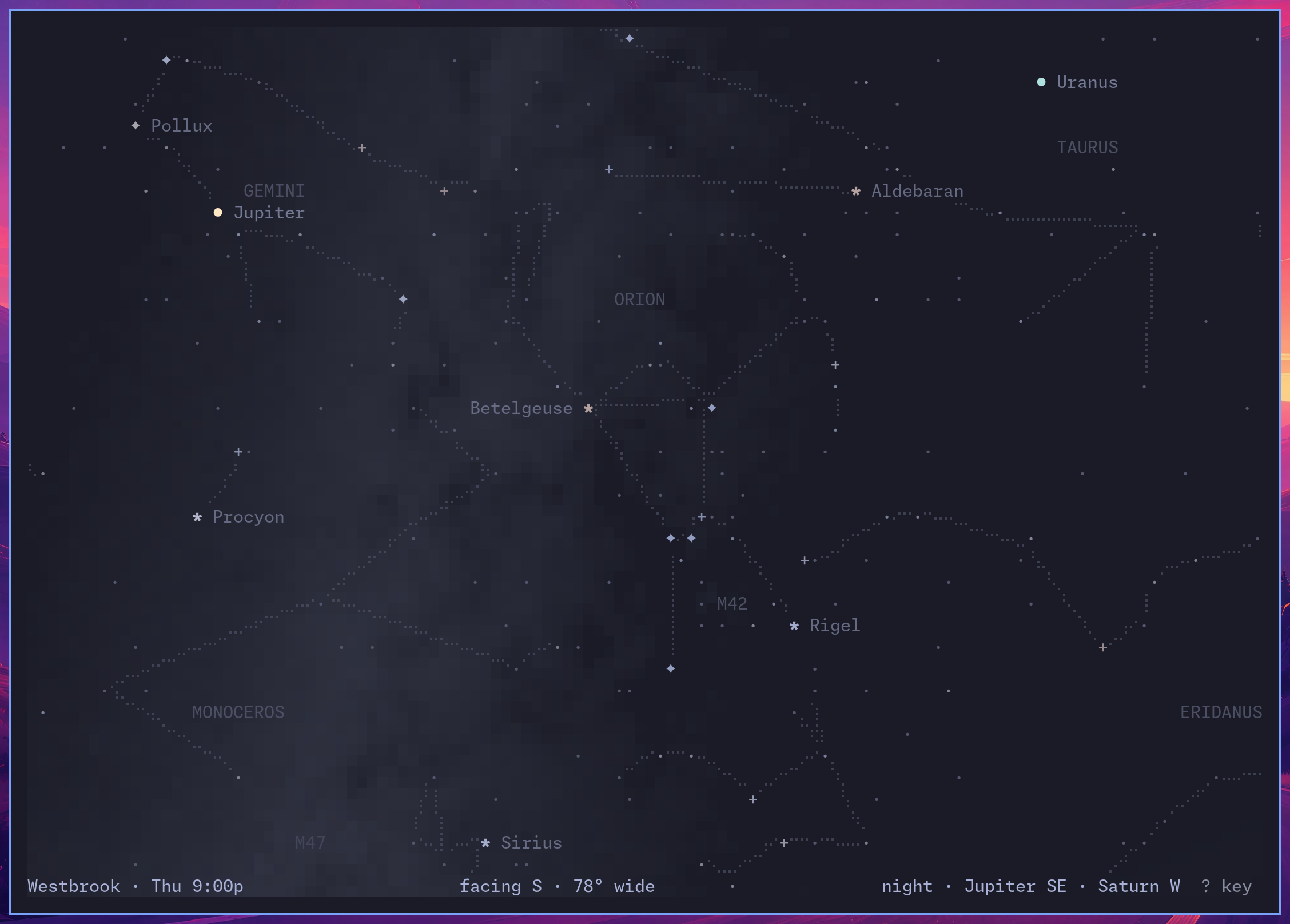 Orion on a January evening over Westbrook, Maine, with Jupiter in Gemini