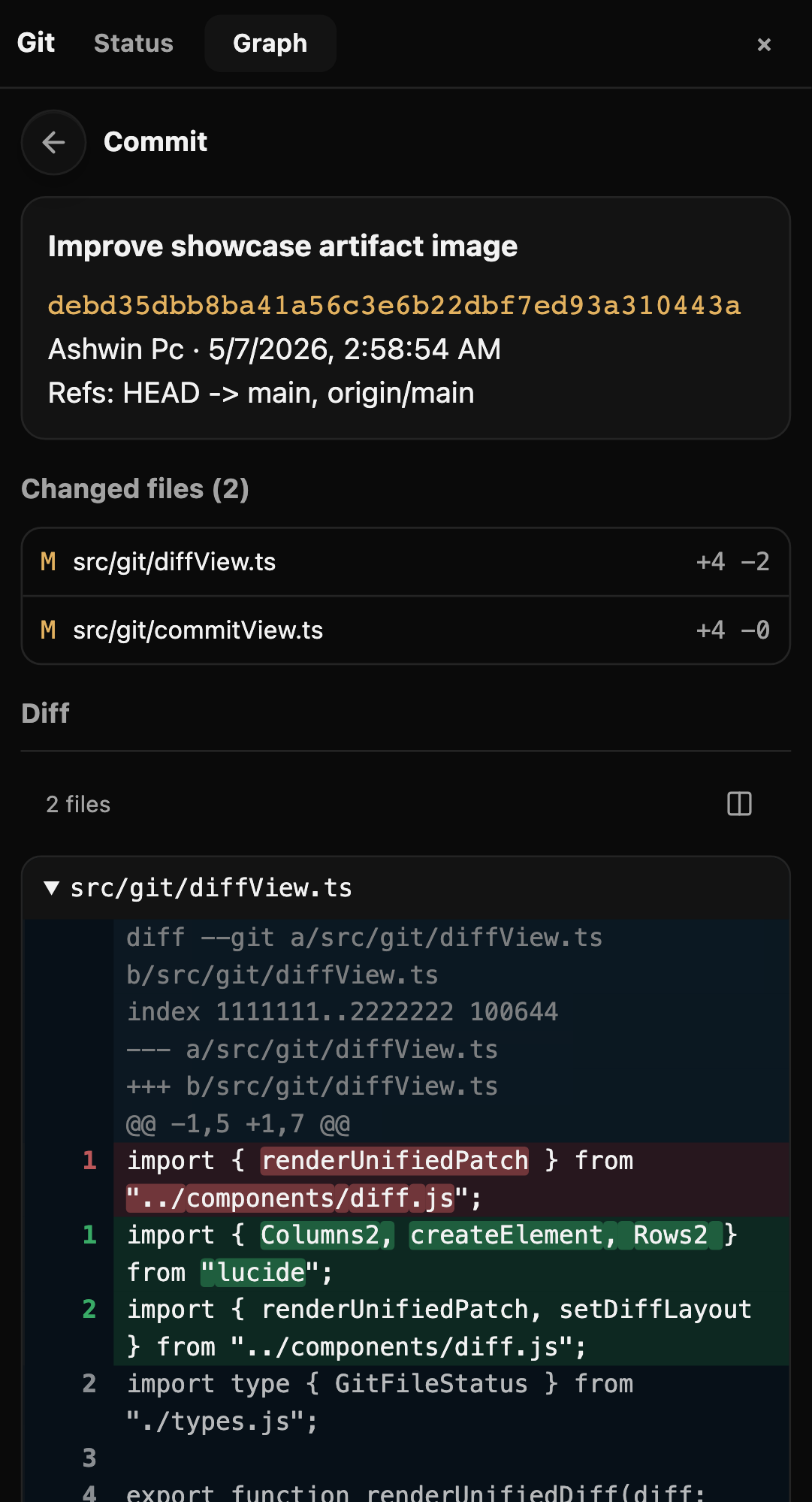 pi-web Git commit diff viewer mobile