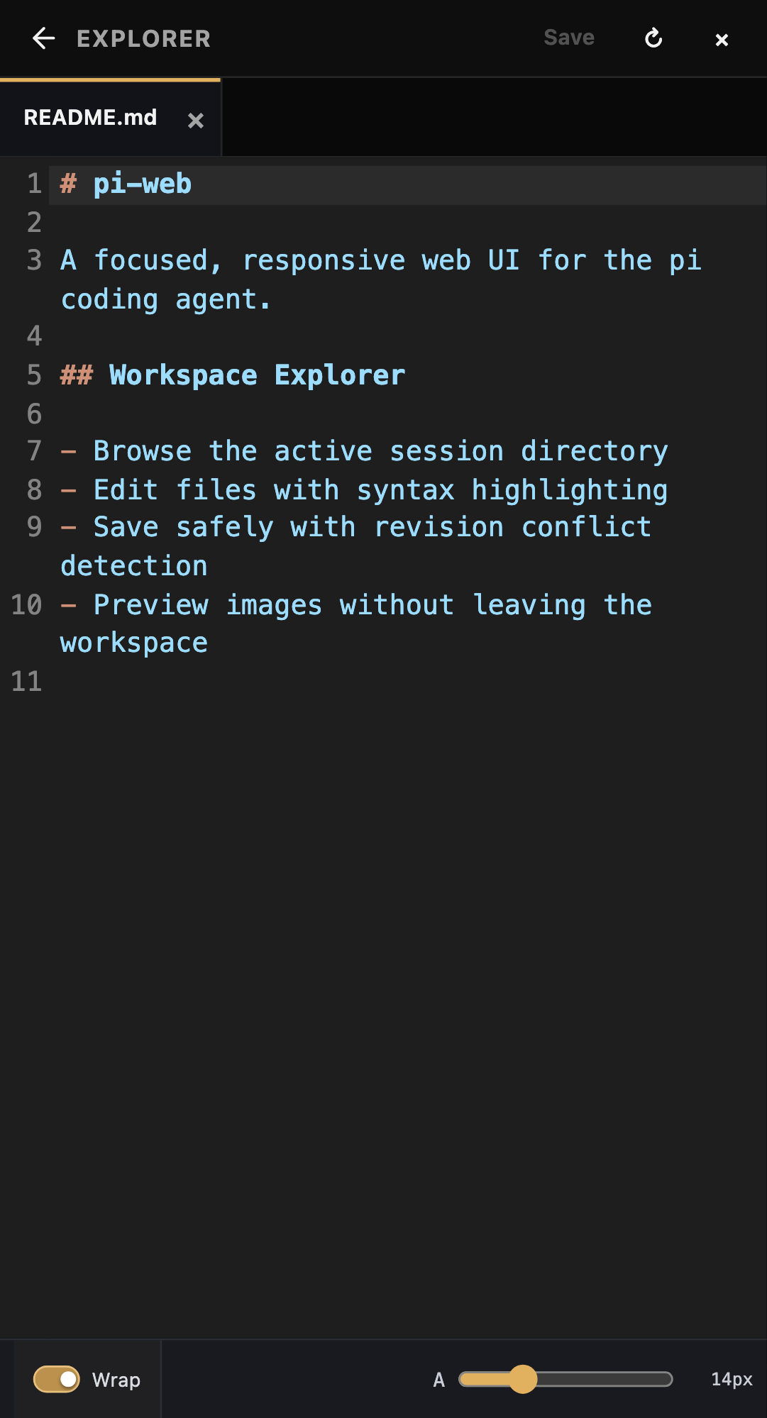 pi-web Workspace Explorer mobile