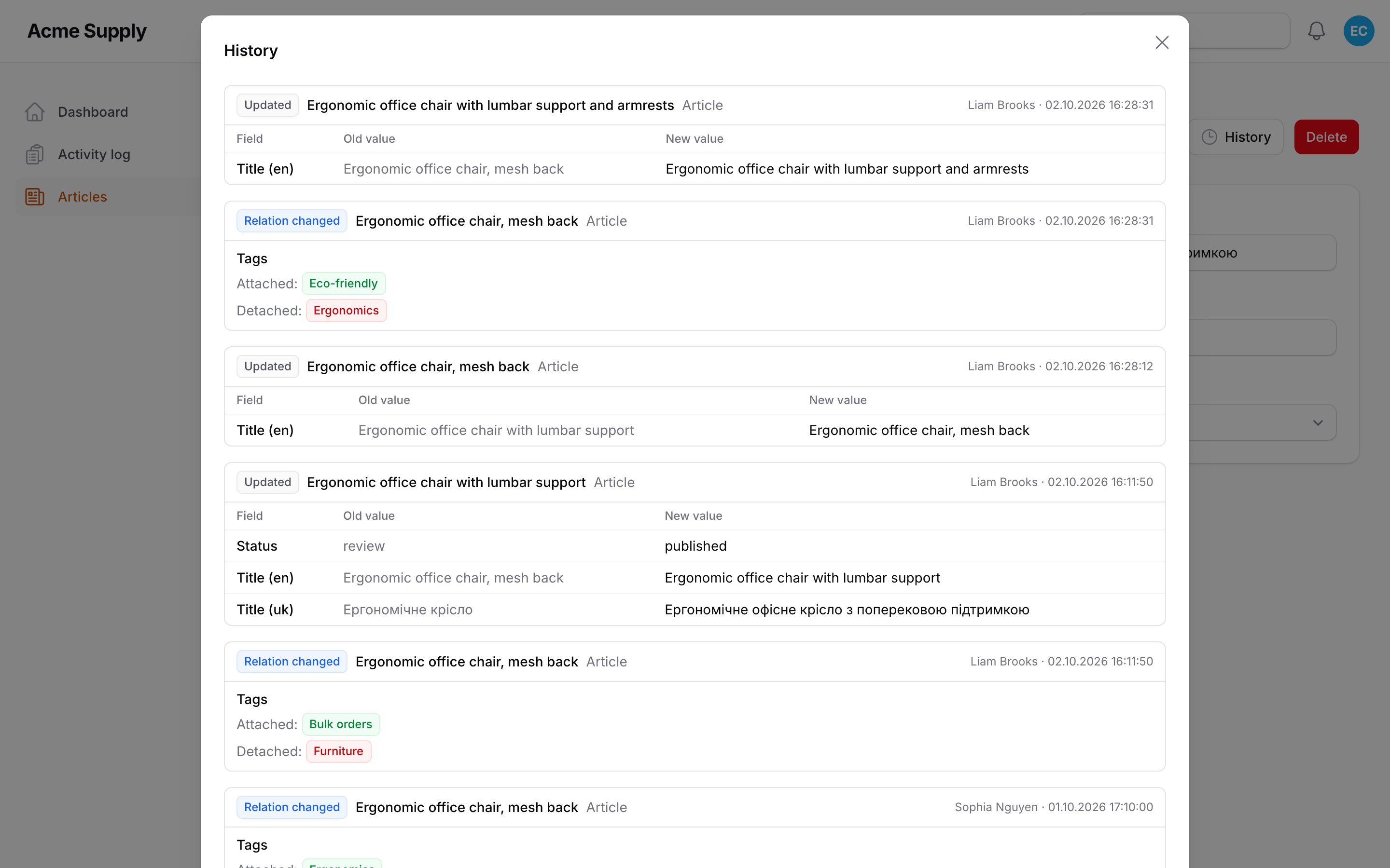 The History modal