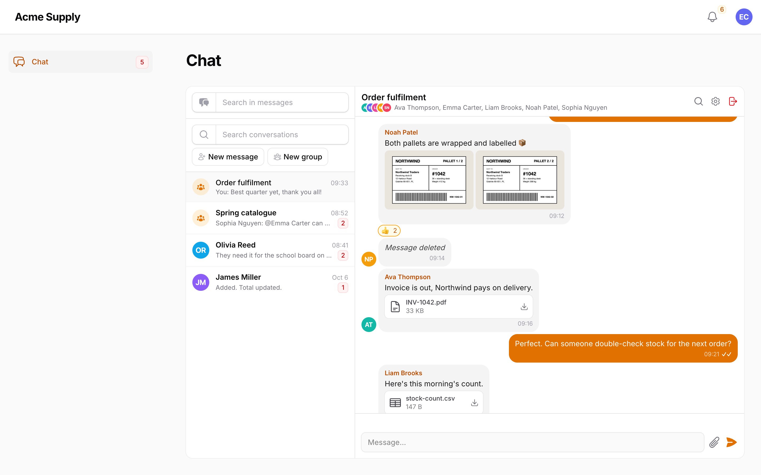 A conversation with images, files and a deleted message
