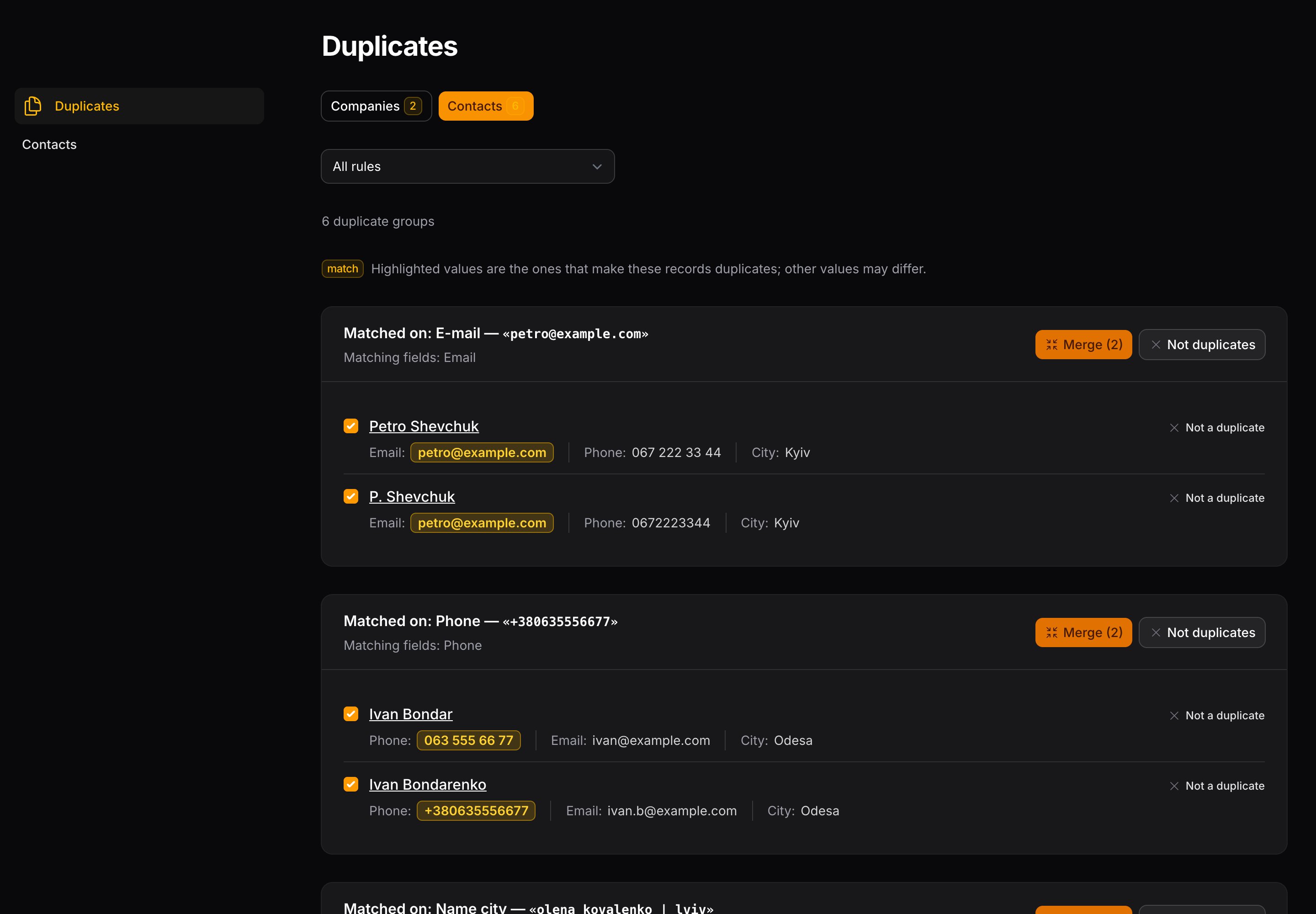 The Duplicates page in dark mode