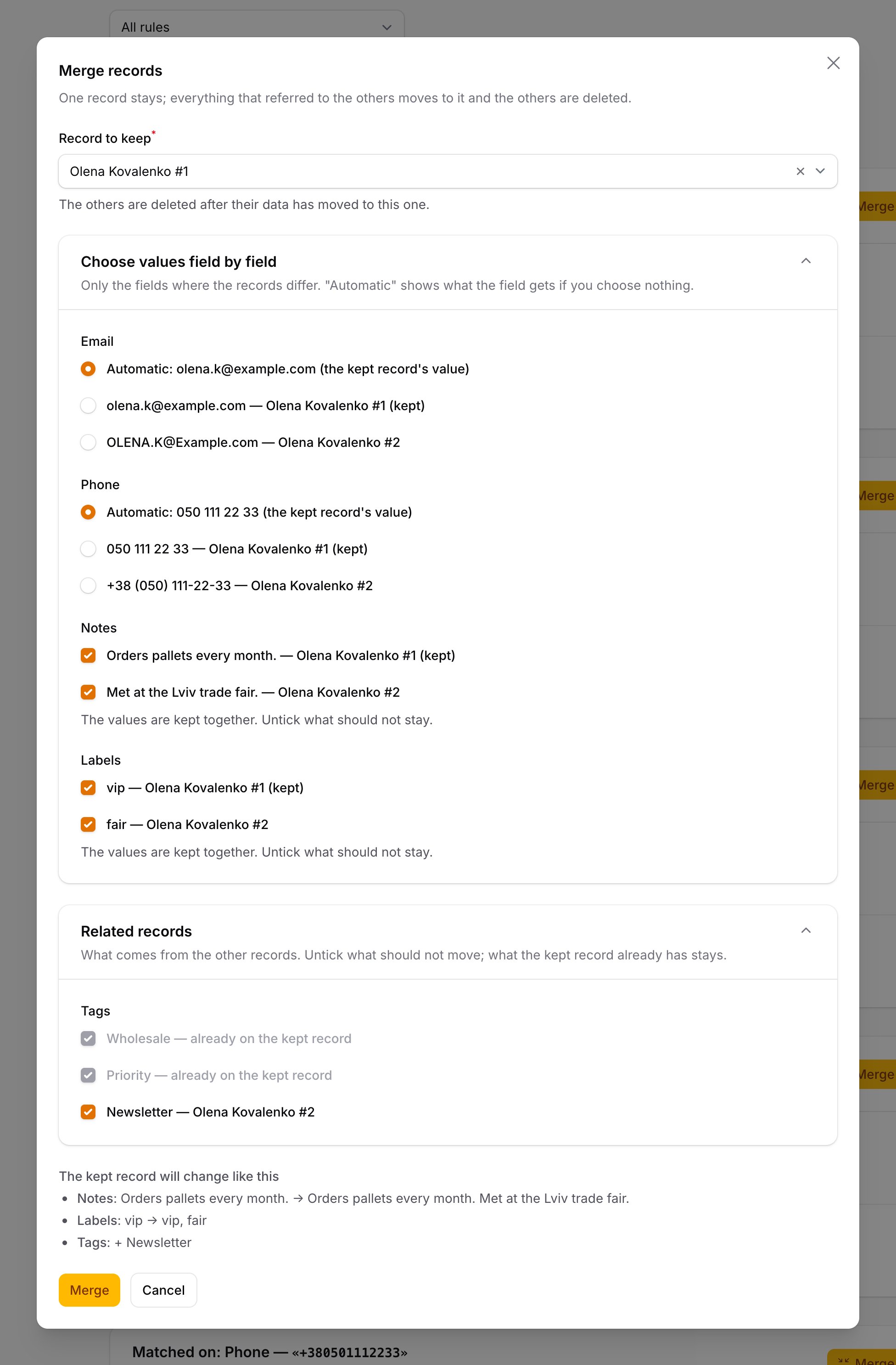 The merge dialog with field choices, combinable values and a preview