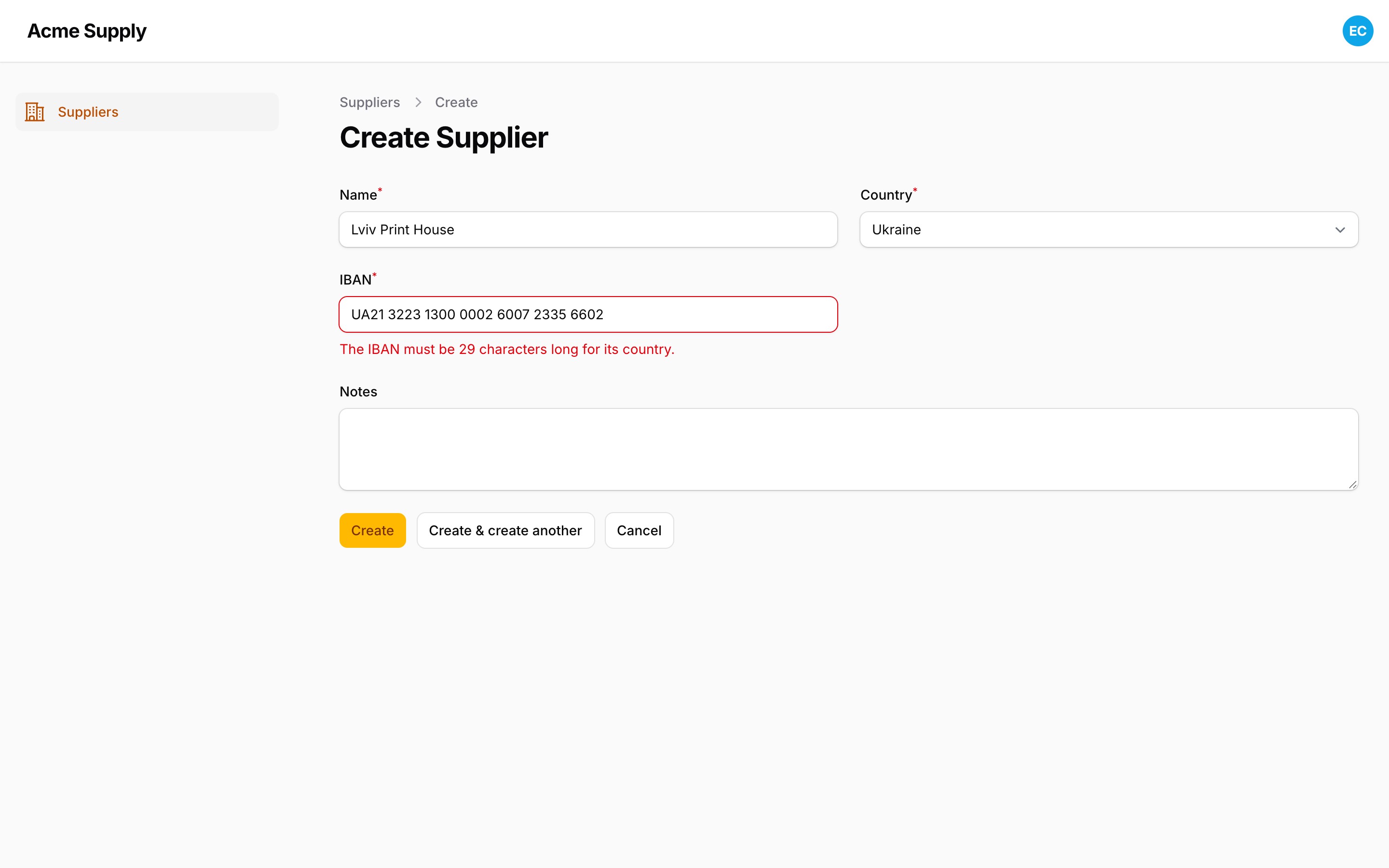 A validation error for a wrong IBAN