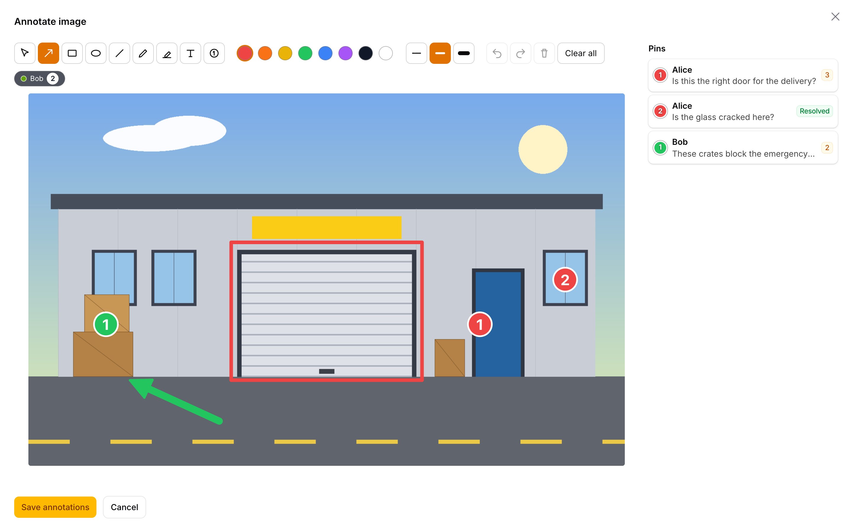 The editor modal: your own layer, the other authors as toggles, and the pins panel
