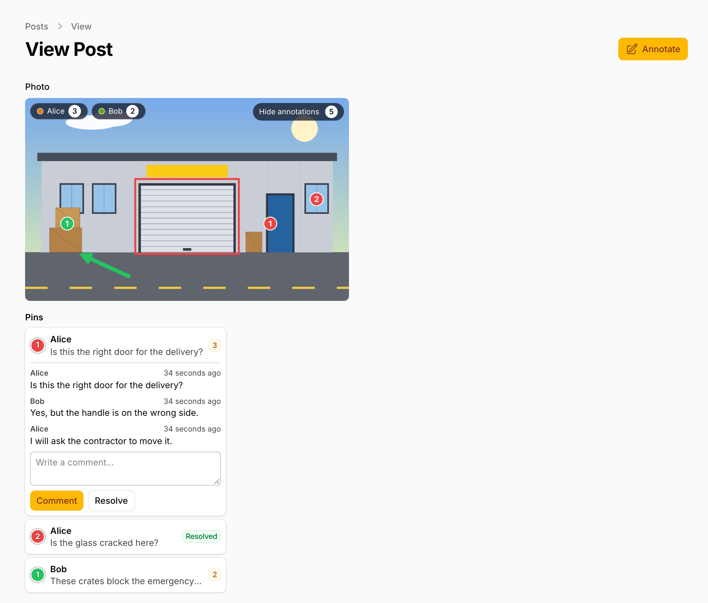 A reviewed image with author chips, numbered pins and an open comment thread