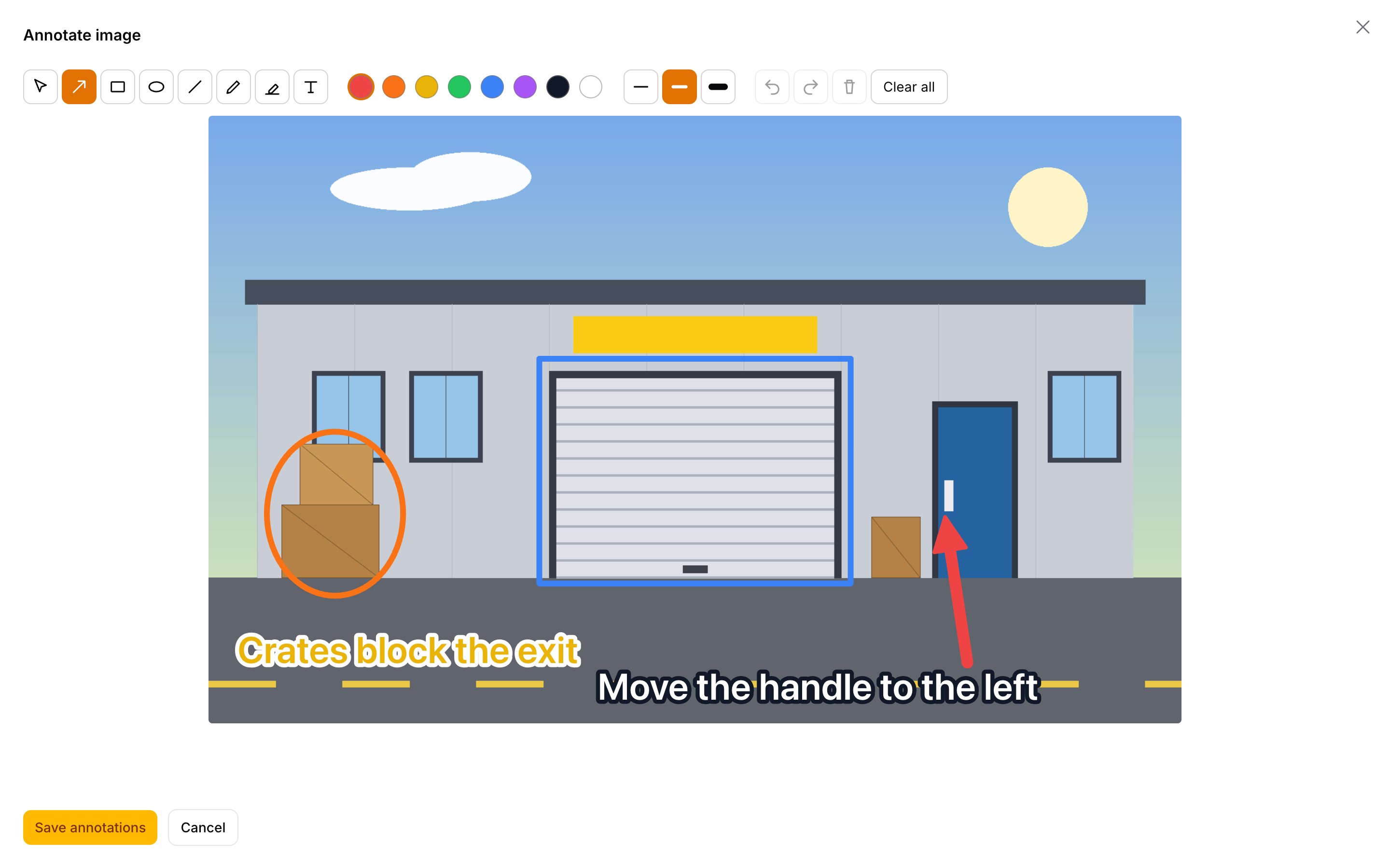 The editor: toolbar, colours and shapes over a photo