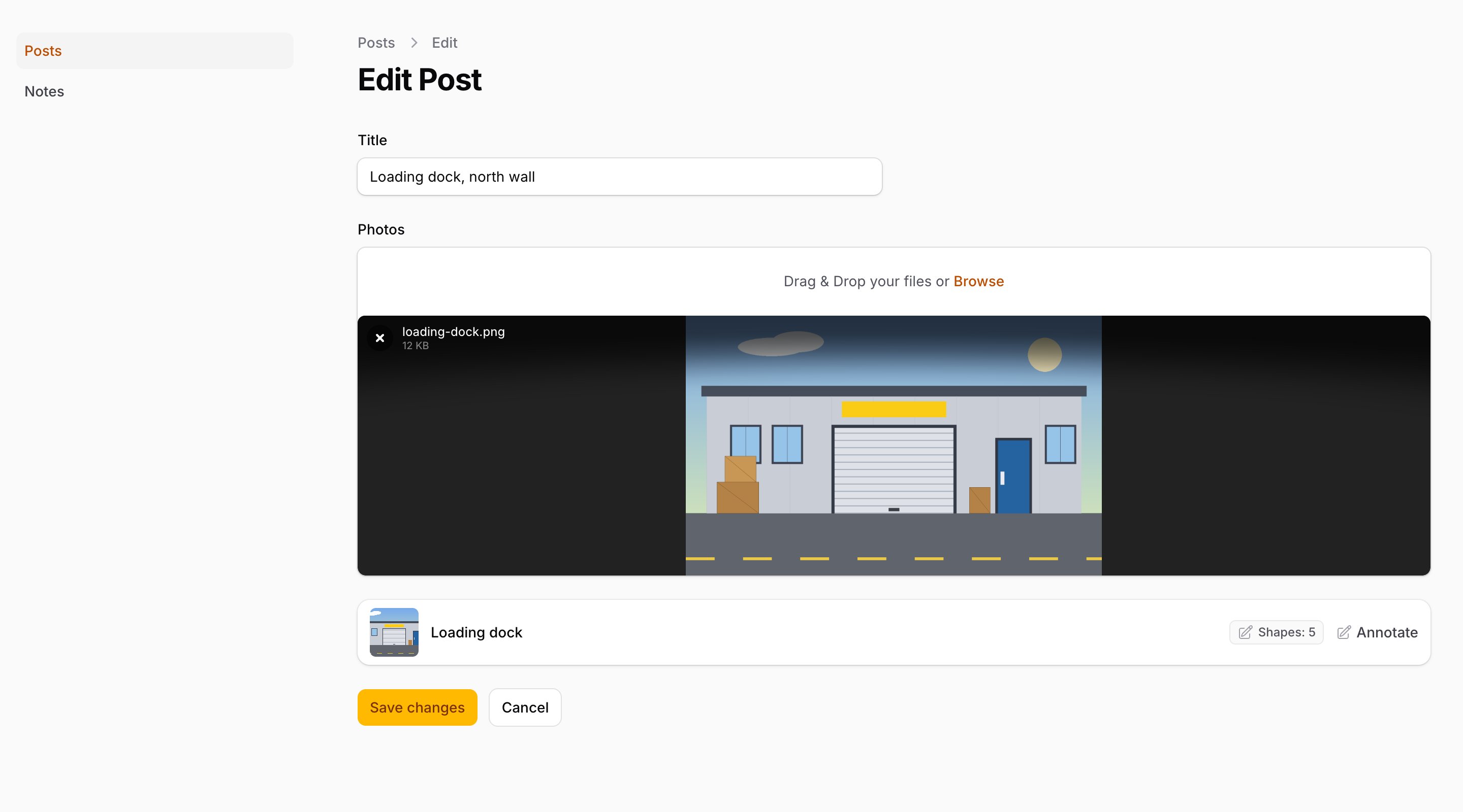 An annotate button next to every stored image of an upload