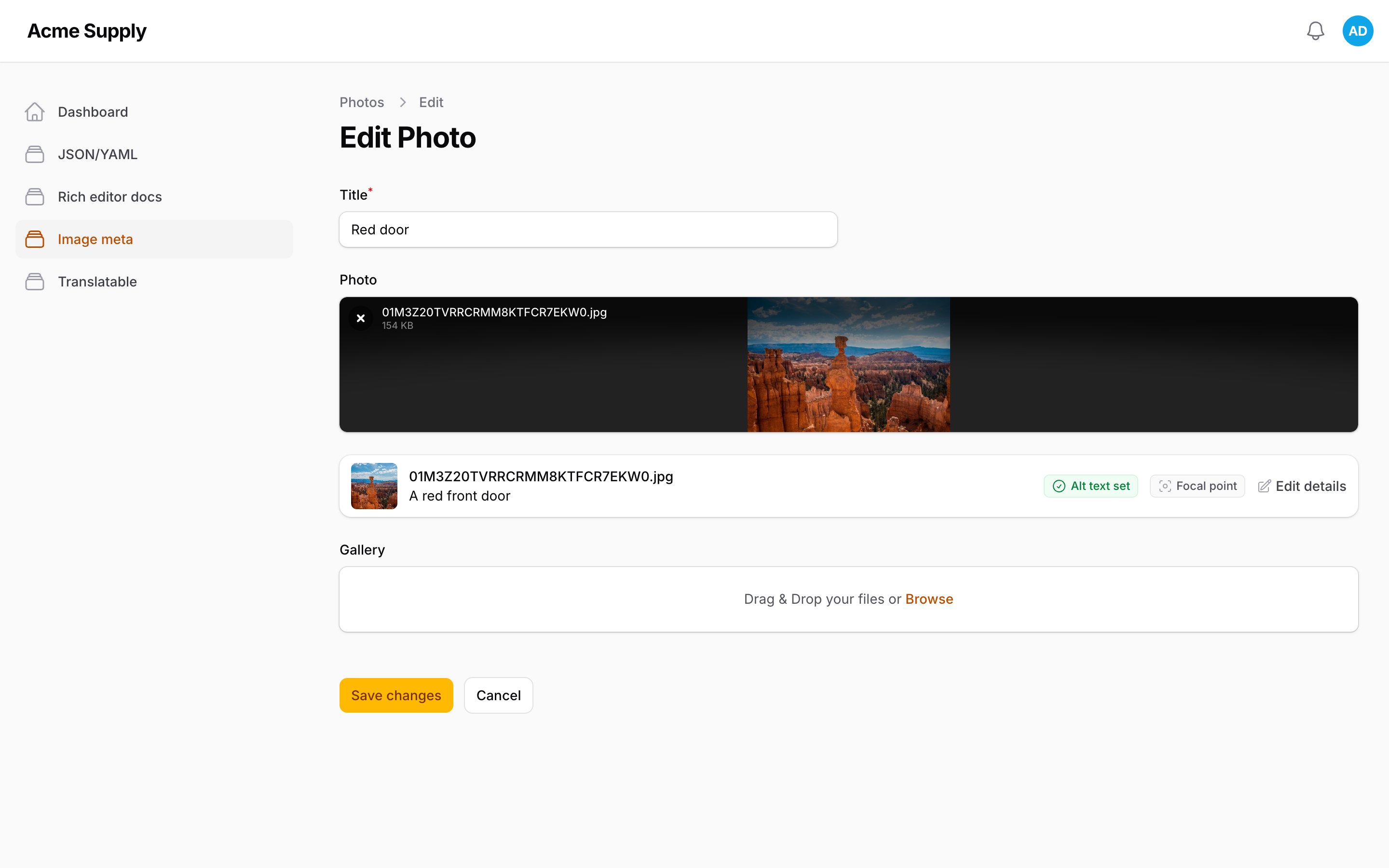 Upload row with alt text and status badges